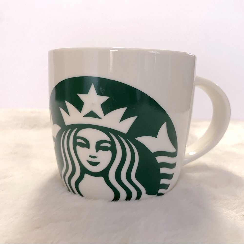 Starbucks 2017 ceramic mug, large green mermaid logo on glossy white, 14 oz